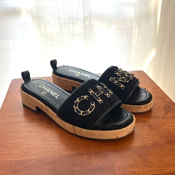 CHANEL Black Cork Tweed Leather Gold Chain Open Toe Mule Slides Sandals Size 6 - Picture 4 of 8